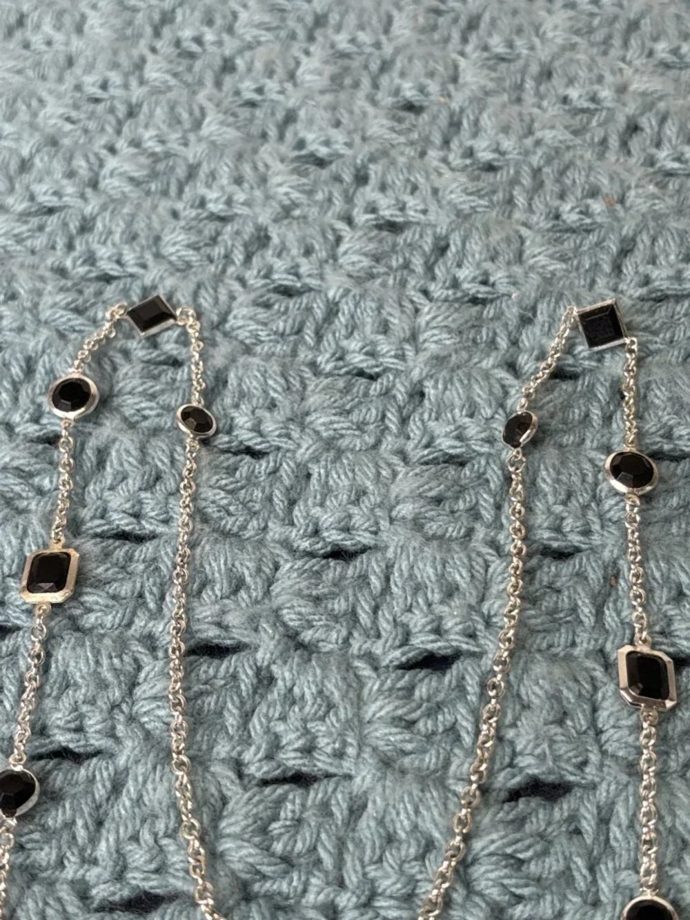 Geometric Bezel Set Black Plastic Rhinestone Station Silvertone Chain Necklace